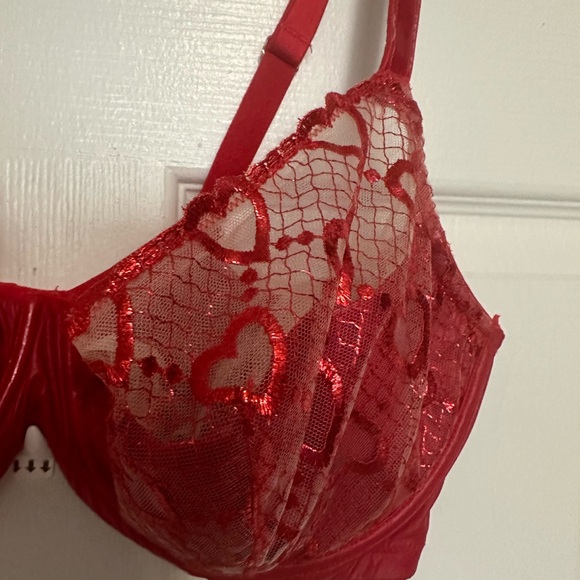 SAVAGE X FENTY 38DDD red balconette, sheer w/red glider threaded hearts - Picture 2 of 6